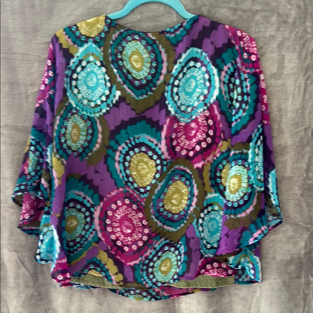 Ruby Rd. Blue and Pink Cape Sleeve Sheer Blouse with Green Tank Top - Picture 4 of 5